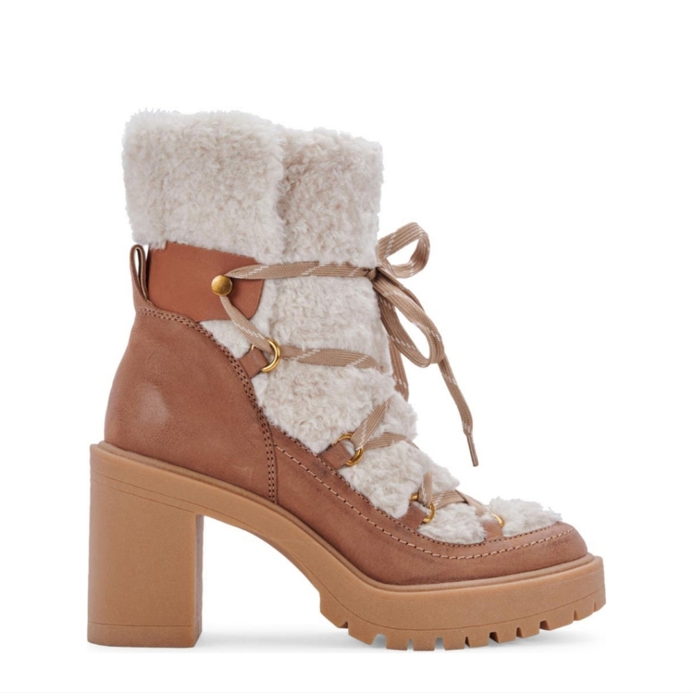 Dolce Vita Celtic Boots Brown Leather Lug Sole Faux Fur Designer Luxury #559